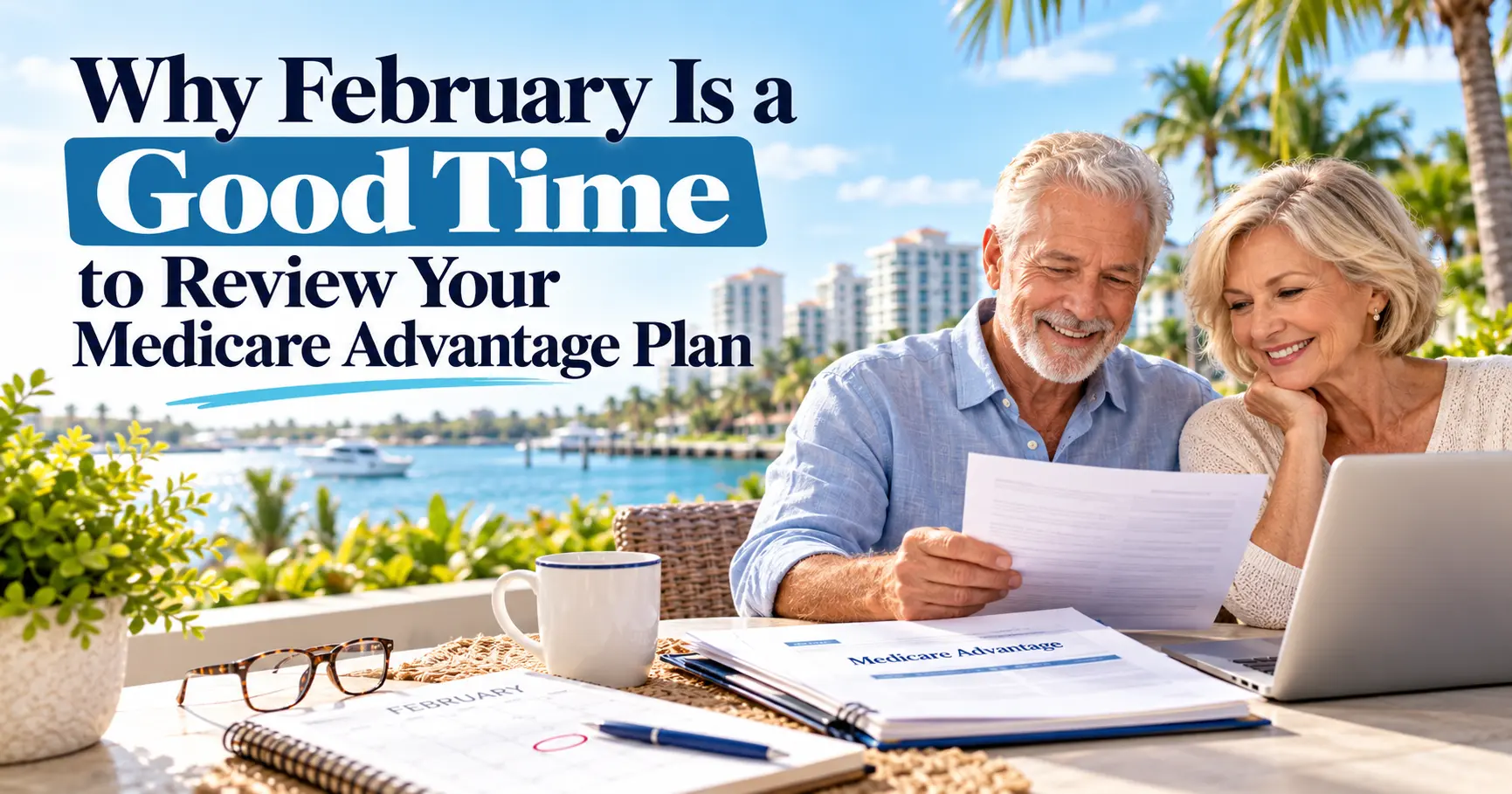 Senior couple reviewing their Medicare Advantage plan documents in February at a Florida waterfront home, with a laptop, calendar, and palm trees in the background.