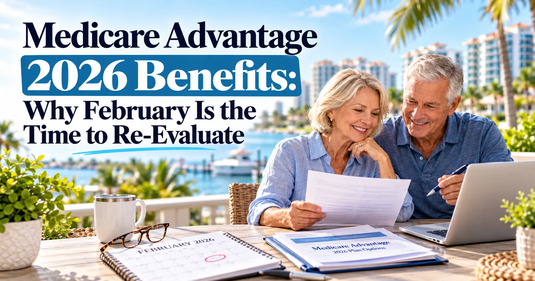 Senior couple reviewing Medicare Advantage 2026 benefits and plan options in February, using a laptop and documents at a Florida waterfront home with palm trees and coastal views.