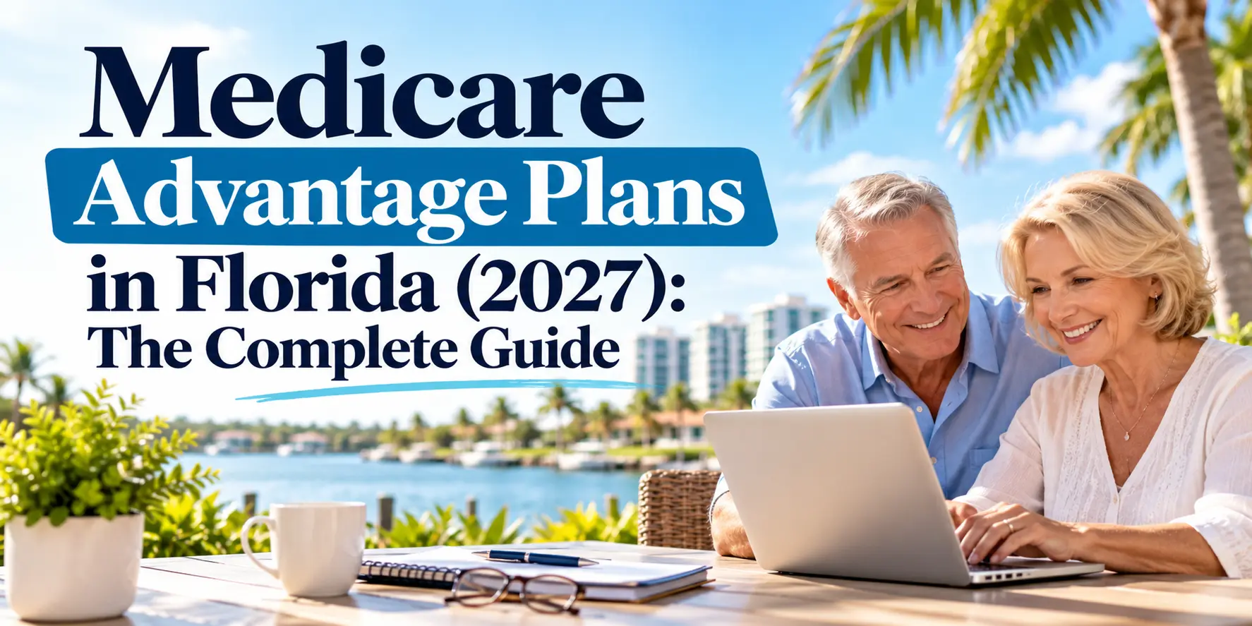 Medicare Advantage Plans in Florida 2027 guide featuring a senior couple reviewing Medicare coverage options on a laptop at a waterfront home with palm trees and coastal views.