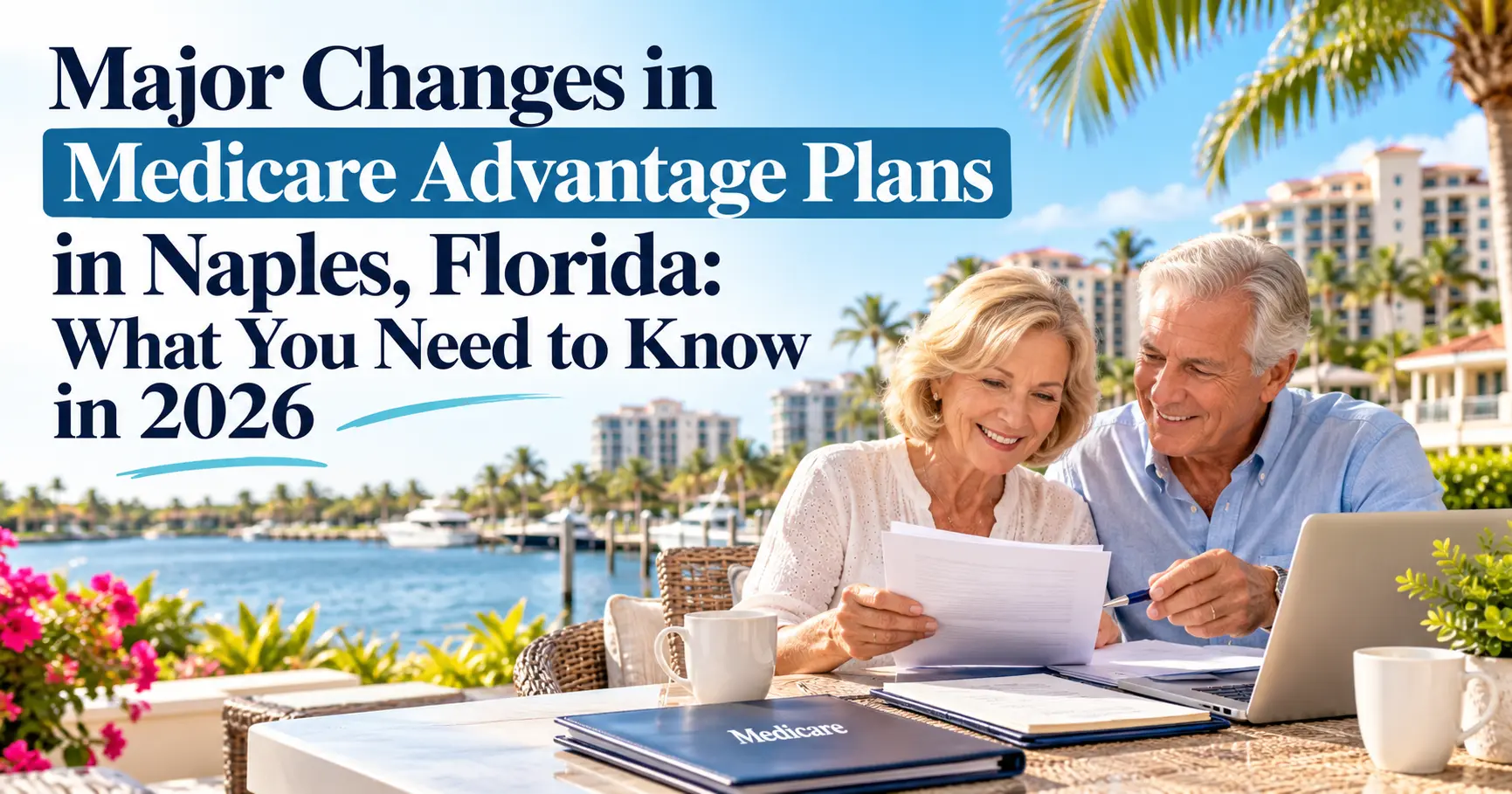 Senior couple reviewing major Medicare Advantage plan changes for 2026 in Naples, Florida, with Medicare documents, a laptop, and a scenic waterfront view with palm trees.