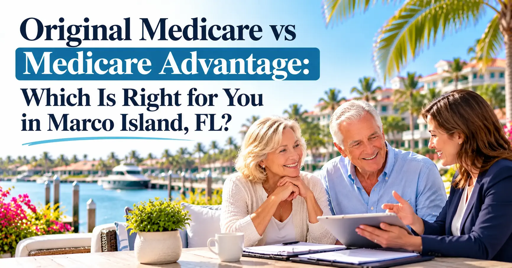 Original Medicare vs Medicare Advantage in Marco Island, FL, featuring a senior couple reviewing Medicare coverage options with an insurance advisor against a scenic waterfront backdrop.