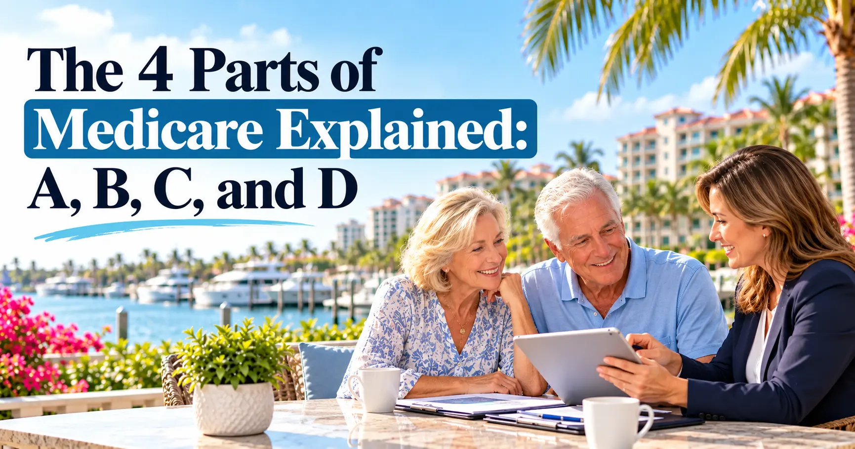 The 4 Parts of Medicare Explained: A, B, C, and D, featuring a senior couple reviewing Medicare coverage options with an insurance advisor on a sunny waterfront patio in Southwest Florida.
