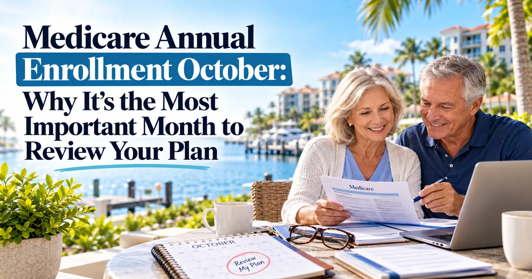 Senior couple reviewing Medicare Annual Enrollment options in October, comparing Medicare plan documents with a laptop and calendar at a Naples, Florida waterfront home.