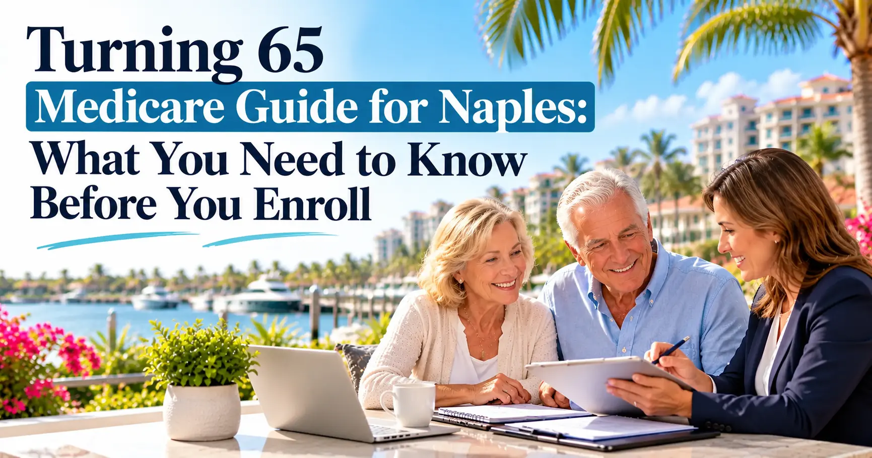 Senior couple reviewing Medicare enrollment documents with a female insurance advisor in Naples, Florida, featuring a waterfront background and the title “Turning 65 Medicare Guide for Naples: What You Need to Know Before You Enroll.”